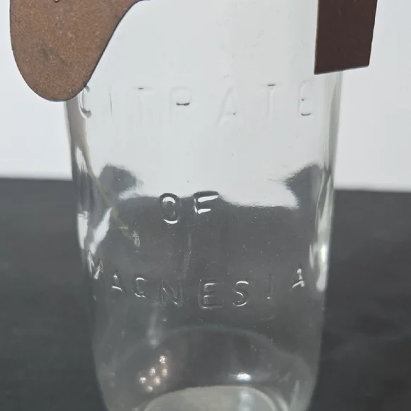 Vintage Medicine Clear Glass Bottle with Brown Metal Tin Tag Charms Bud Vase - Picture 9 of 9